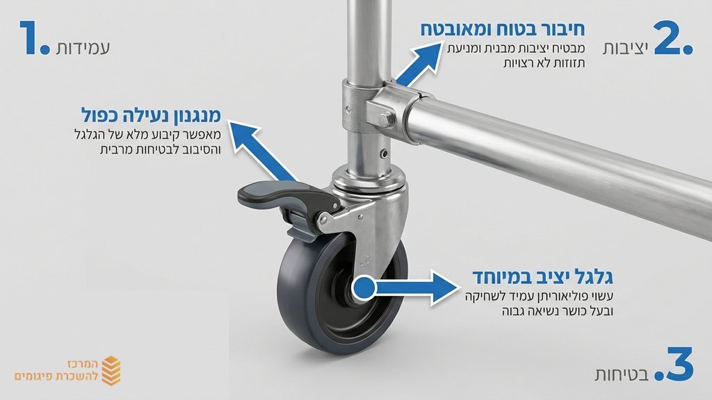 מנגנוני בטיחות וגלגלים של פיגום אלומיניום נייד