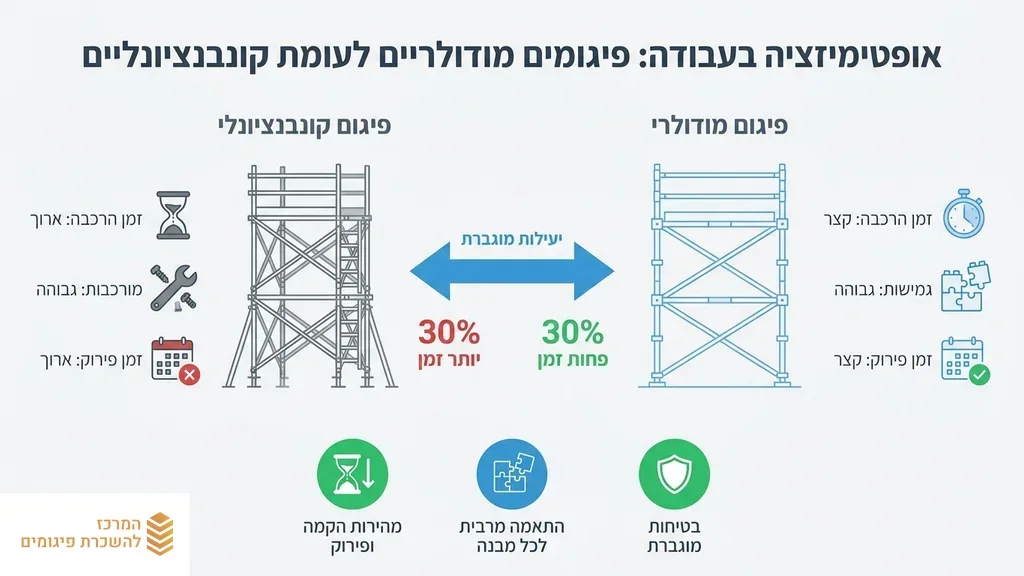 פועלי בניין מרכיבים פיגום מודולרי במהירות ובבטיחות