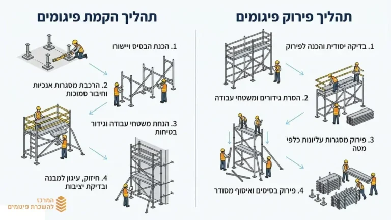 צוות מתקינים מרכיב פיגום מתכת באתר