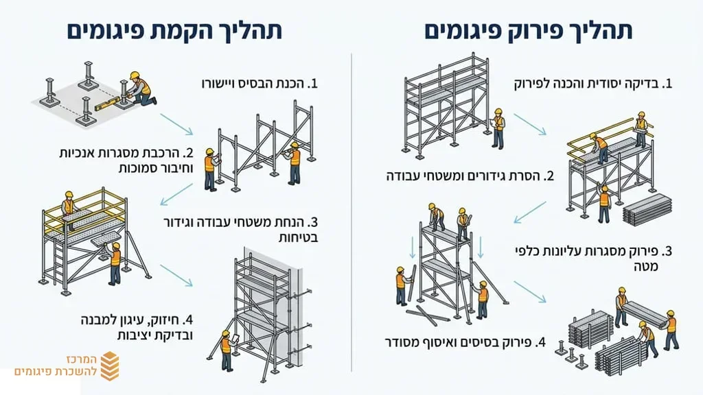 צוות מתקינים מרכיב פיגום מתכת באתר
