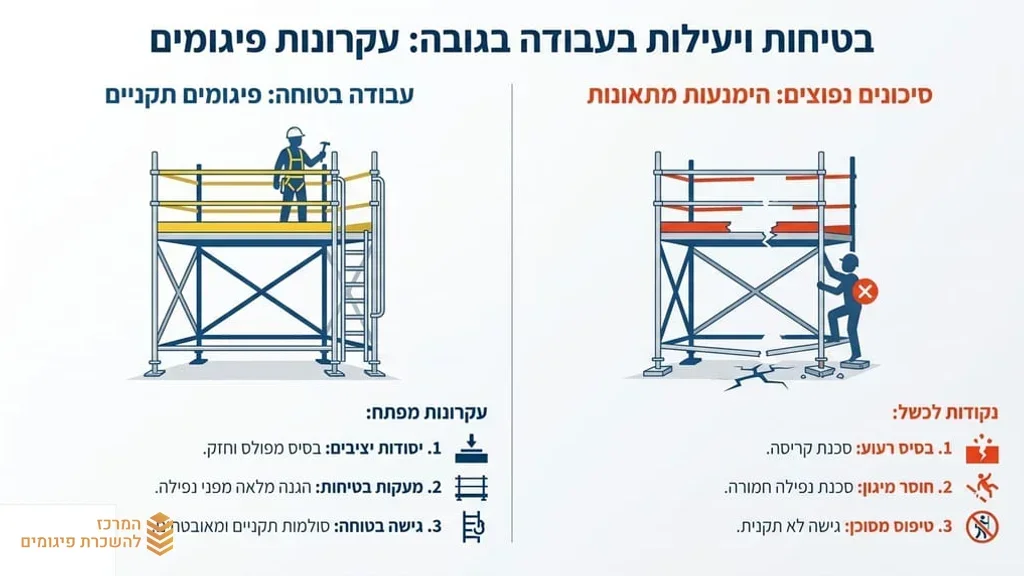 מערכת פיגומים תקנית המותקנת בחזית מבנה עם מעקות בטיחות