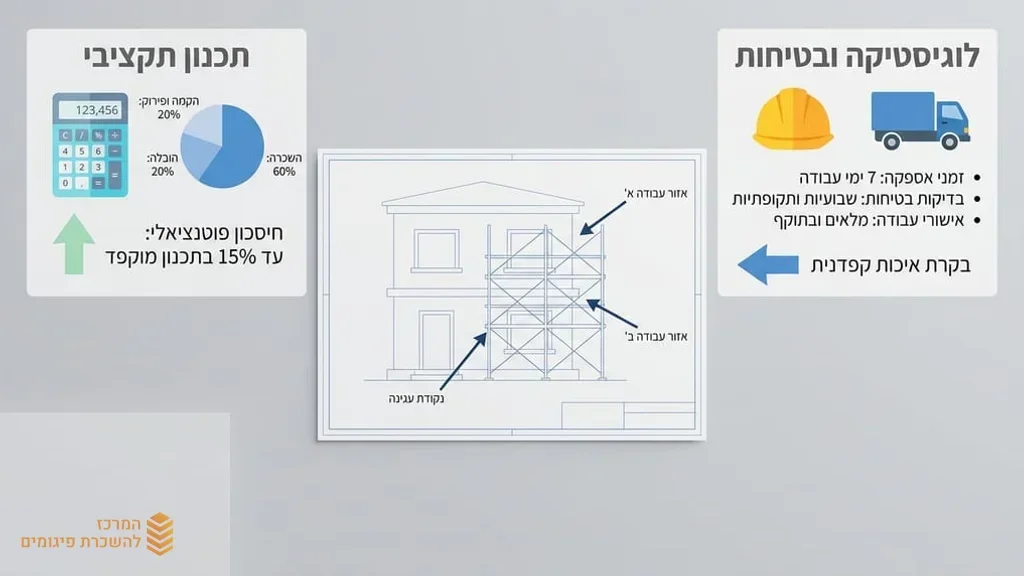 שרטוטים הנדסיים וציוד בטיחות על שולחן עבודה של מנהל פרויקט