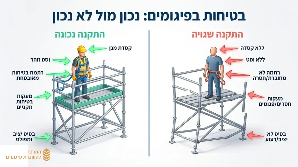 פועל בניין מקצועי רתום לציוד בטיחות על גבי מערכת עבודה לגובה