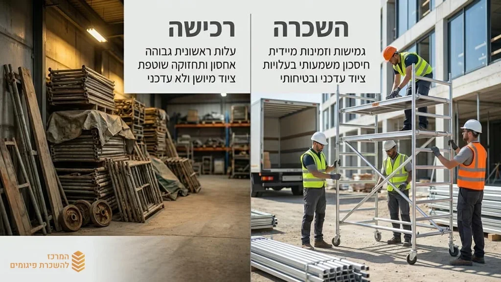 פועלי בניין עם ציוד מגן עובדים בבטחה על פיגום אלומיניום נייד
