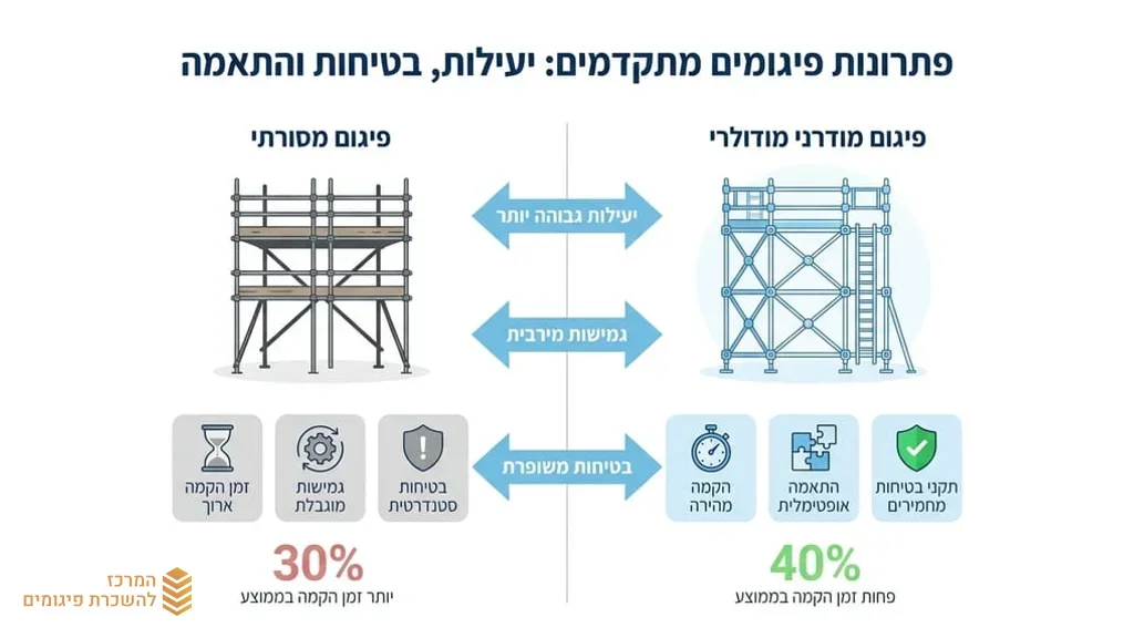 מערכת פיגומים מודרנית מותקנת באתר בנייה