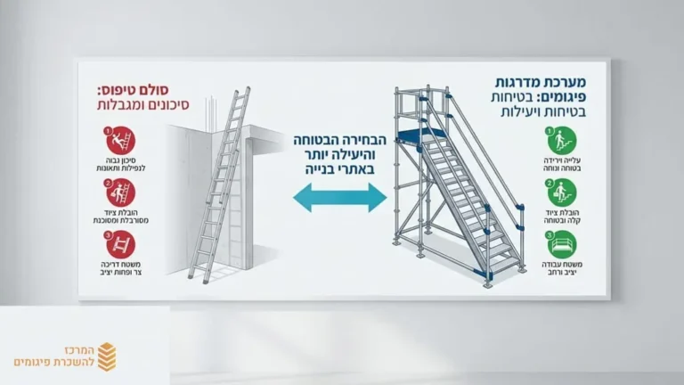פועל בניין עולה בבטחה על מערכת מדרגות פיגומים מקצועית באתר בנייה